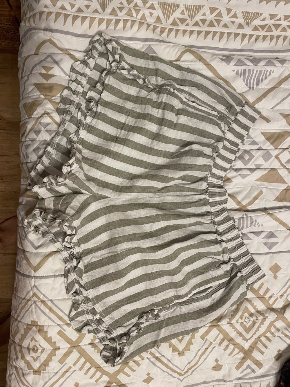 beachlunchlounge Olive and White Striped High Waist Ruffle Shorts